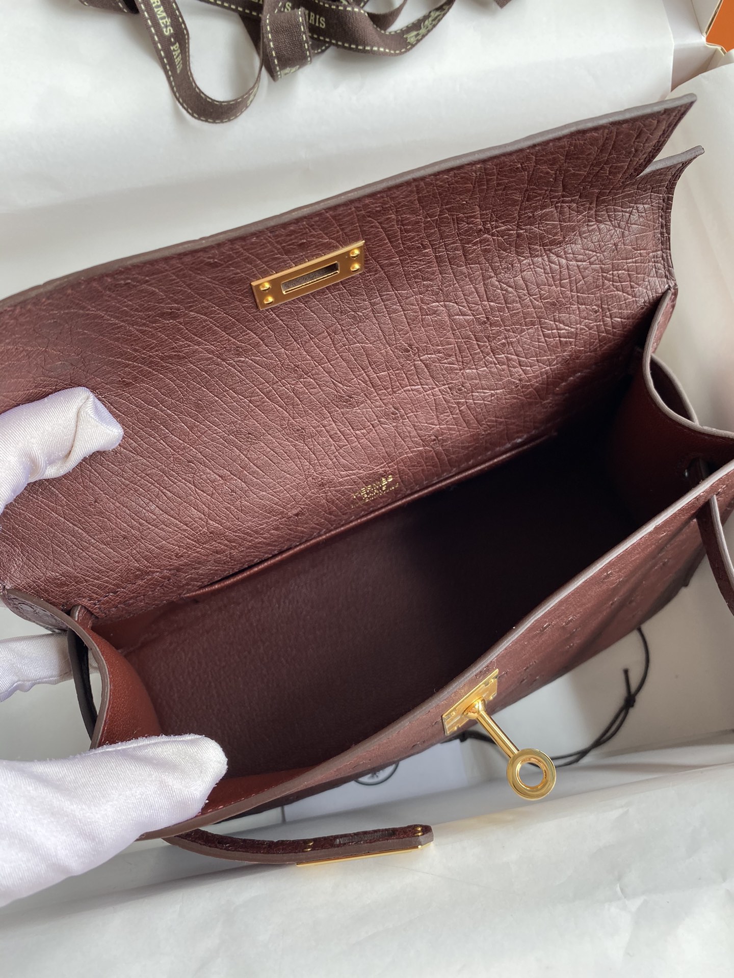 Hermes Mini Kelly Pochette 22cm Bag In Burgundy Ostrich Leather